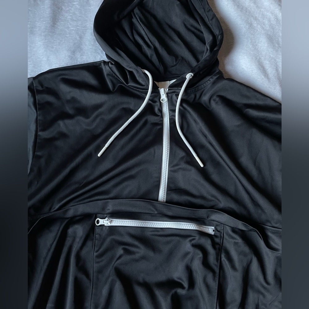 Black Hooded Half-zip Jacket with White Accents and pouch pocket